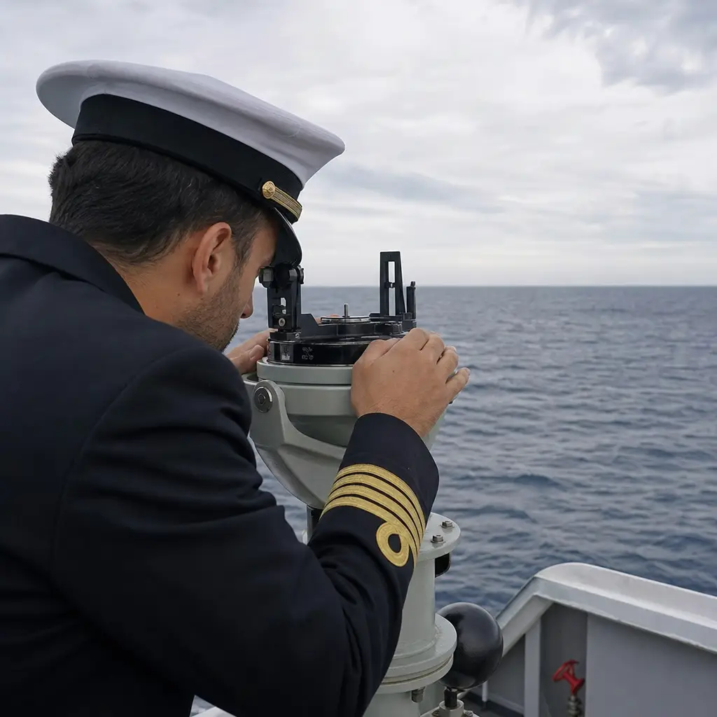 Een navigatieofficier neemt een peiling met een standaardkompas op het dek van een schip